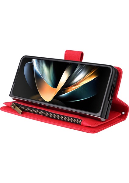 Samsung Galaxy Z Fold4 Için 5g Şok Geçirmez Fermuar Cep Telefonu Kasası Baskılı Cilt Dokunma Cüzdanı Stand Pu Deri Cep Telefonu Kapak Birden Fazla Kart Yuvası-Kırmızı (Yurt Dışından)