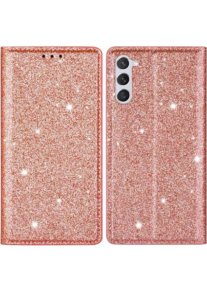 Samsung Galaxy S23 Için+ Glitter Sequins Katlanabilir Stand Telefon Kılıfı Pu Deri Kart Tutucu Anti-Drop Kapak Çizgisi Altın (Yurt Dışından)