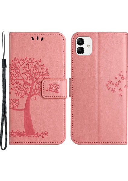Samsung Galaxy A04 4g (164.4 x 76.3 x 9.1 MM)/M13 5g Anti-Fall Pu Deri Telefon Kasası Basılmış Baykuş Ağacı Desen Flip Cüzdan Kapağı Standı Pink (Yurt Dışından)