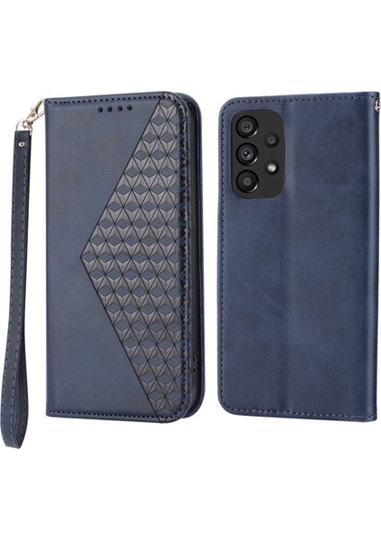 Samsung Galaxy A72 4g/5g Tam Koruma Buzağı Dokusu Telefon Kılıfı Pu Deri Cüzdan Stand Baskılı Rhombus Desen Cep Telefon Kapağı Strap-Mavi ile (Yurt Dışından)