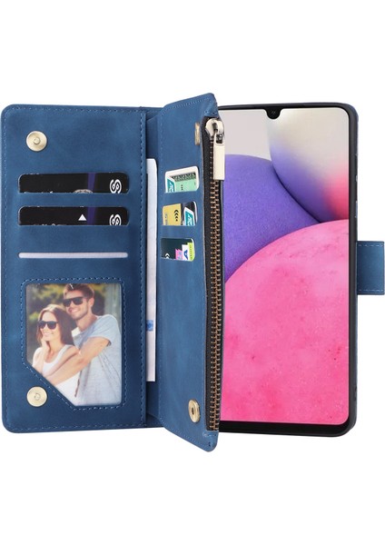 Samsung Galaxy A33 Için 5g Pu Deri Çoklu Kart Yuvaları Stand Kılıf Damgası Damalı Fermuar Cep Cüzdanı Telefon Kapak Mavisi (Yurt Dışından)