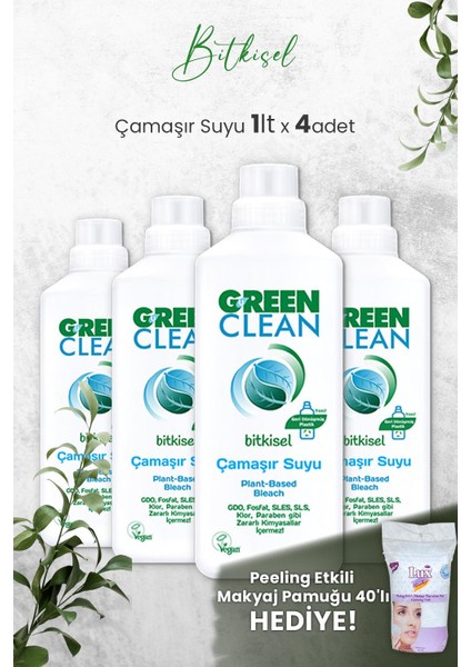 U Green Clean Bitkisel Çamaşır Suyu 1 L x 4 Adet ve Hediyeli