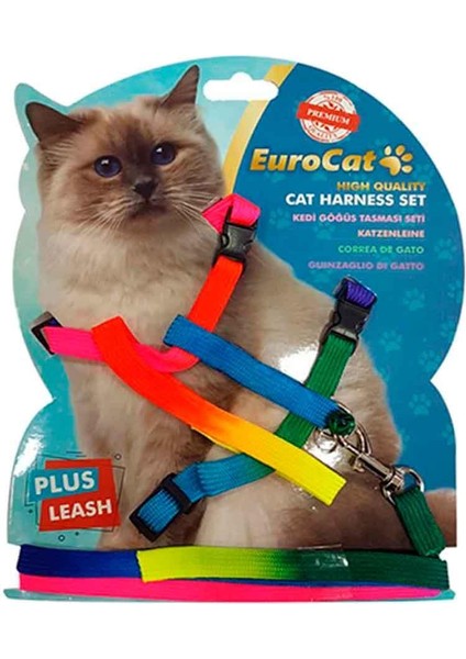 Kedi Göğüs Tasma Seti Gökkuşağı Desenli