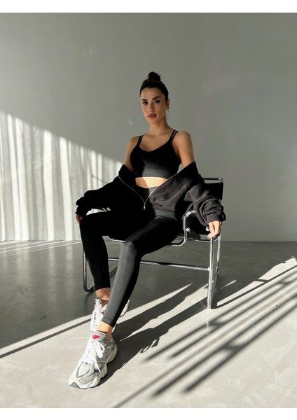 Siyah Seamless/çapraz Lastikli Tam Boy Spor Tayt