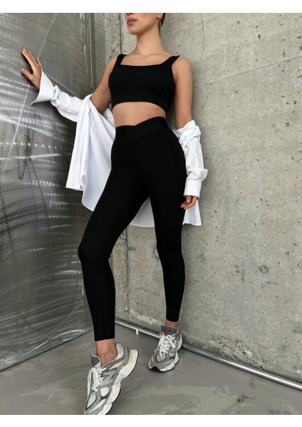 Siyah Seamless/çapraz Lastikli Tam Boy Spor Tayt