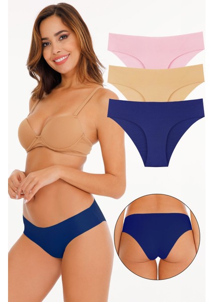 Kadın Dikişsiz Lazer Kesim Likralı Külot 3lü Paket Set - KTS2018 Lacivert