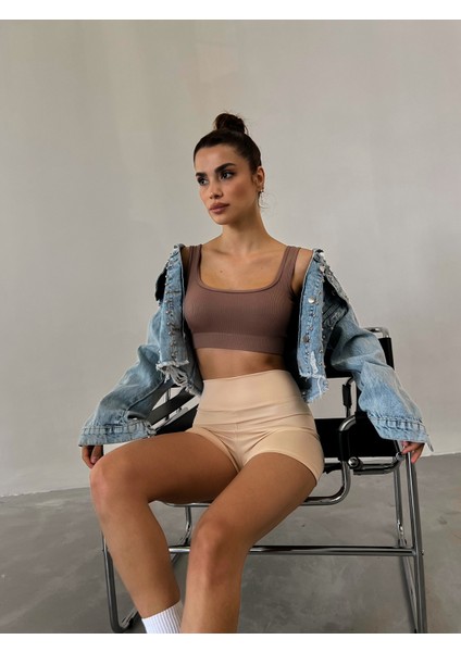 Kahve Seamless/sandık Yaka Fitilli Hafif Destekli / Şekillendirici Spor Büstiyer modelleri