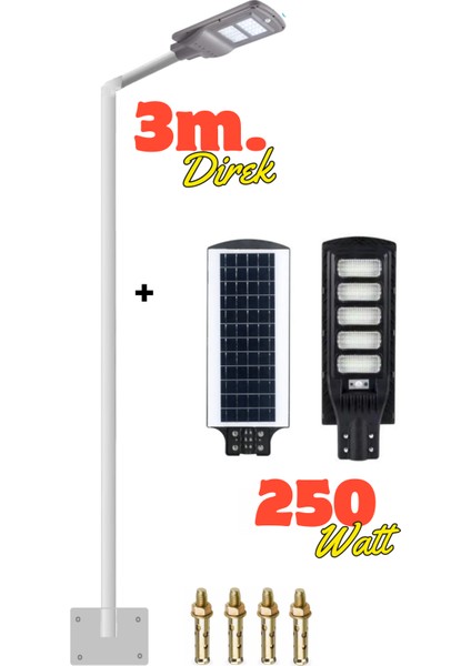 Güneş Enerjili Bahçe Aydınlatma DIREĞI+250W Kumandalı Solar Sokak Lambası