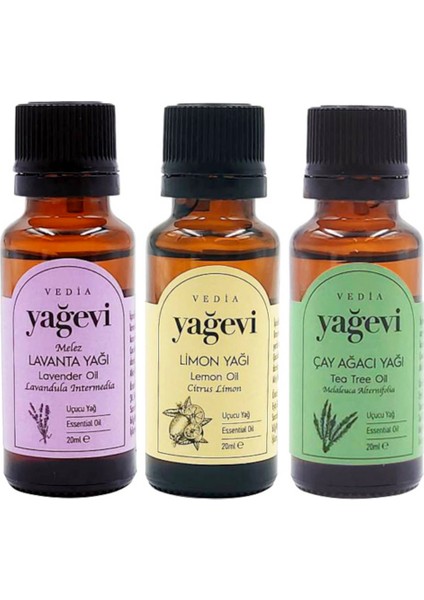 Lavanta Uçucu Yağı 20 ml + Limon Uçucu Yağı 20 ml + Çay Ağacı Uçucu Yağı 20 ml 3'lü Set Büyük Boy
