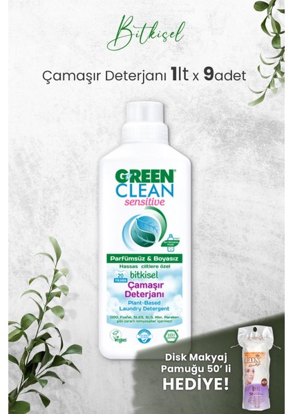Green Clean Sensıtıve Kokusuz Çamaşır Deterjanı 1 L x 9 Adet ve Hediyeli
