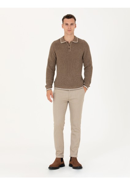 Erkek Vizon Slim Fit Çizgili Kanvas Pantolon 50278471-VR052