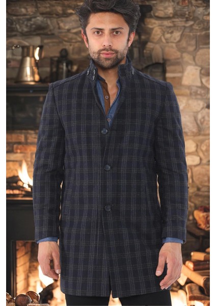 Erkek Palto Uzun Kol Çizgili Desenli Açık Lacivert %70 Yün 30 Polyester