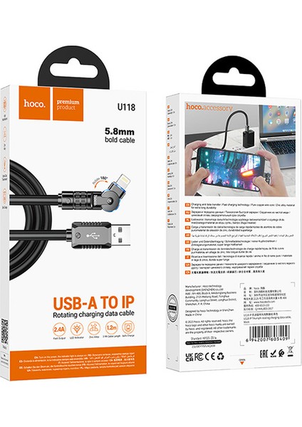 U118 Döner Başlıklı USB To iPhone Lightning Hızlı Şarj ve Veri Kablosu