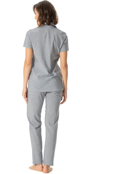 Kadın Lacivert Boydan Patlı Çizğili Pijama Takımı fiyatları