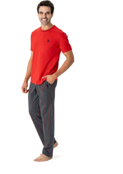 Erkek Kırmızı Yuvarlak Yaka Pijama Takımı