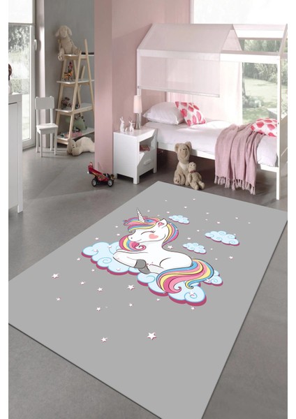 Unicorn Desenli Gri Dekoratif Makinede Yıkanabilir Kilim Çocuk Halısı Kadife Kumaş Dot Taban Halı