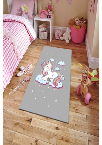Unicorn Desenli Gri Dekoratif Makinede Yıkanabilir Kilim Çocuk Halısı Kadife Kumaş Dot Taban Halı