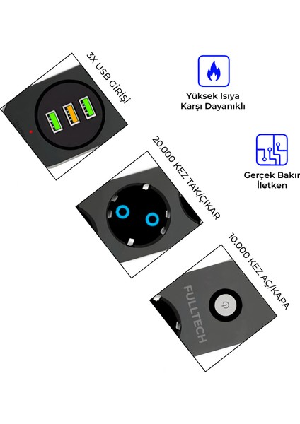 Termal Akım Korumalı 3x USB 10A 2500WATT 3x Priz Soketli 2 Metre Uzatma Kablosu