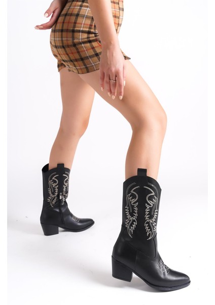 Siyah Beyaz Nakışlı Fermuarlı Western Orta Boy Kovboy Kadın Çizme