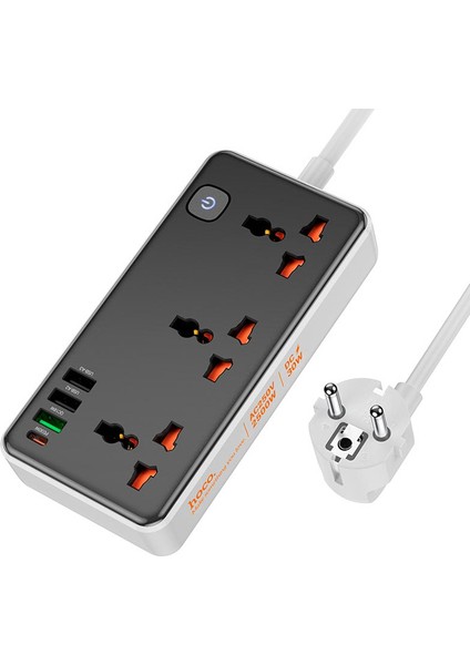 AC8A 2500W 3 Priz + 3 USB + 30W Type-C Multifonksiyonel Priz Çoğaltıcı Şarj Aleti