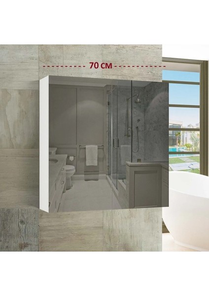 Aynalı Banyo Dolabı 70 x 70, Çift Kapaklı Lavabo Üstü, Çokamaçlı Dolap