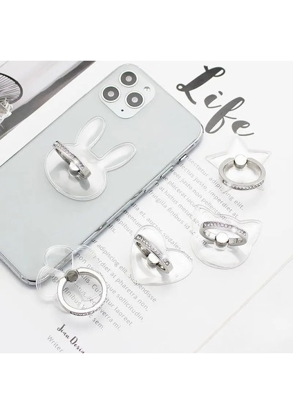 A23-TAVŞAN Stili Parmak Yüzük Cep Telefonu Akıllı Telefon Standı Tutucu Cep Akıllı Yuvarlak Telefon Yüzük Şeffaf Kedi Tutucu Kalp Soketi Araç Montaj Standı (Yurt Dışından) fırsatları