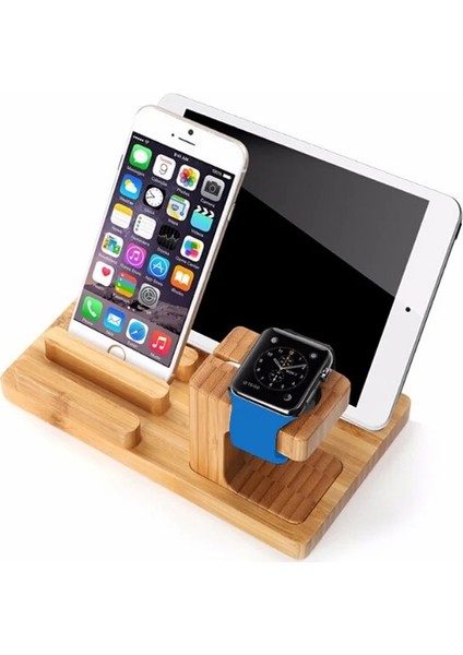3'ü 1 Arada Stil Bambu Ahşap iPhone iPad Tablet Telefon Için Masaüstü Standı Telefon Standı Tutucu Şarj Cihazı Apple Watch Için Şarj Dock Istasyonu (Yurt Dışından)