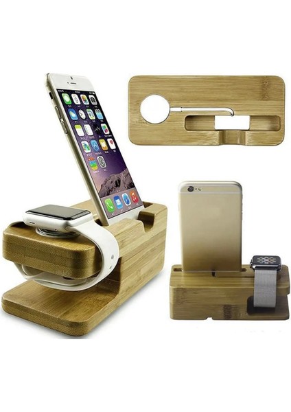 3'ü 1 Arada Stil Bambu Ahşap iPhone iPad Tablet Telefon Için Masaüstü Standı Telefon Standı Tutucu Şarj Cihazı Apple Watch Için Şarj Dock Istasyonu (Yurt Dışından)