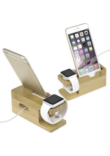 3'ü 1 Arada Stil Bambu Ahşap iPhone iPad Tablet Telefon Için Masaüstü Standı Telefon Standı Tutucu Şarj Cihazı Apple Watch Için Şarj Dock Istasyonu (Yurt Dışından)