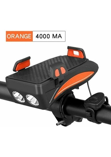 Turuncu 4000MAH Tarzı 400 Lümen Bisiklet Işık Bisiklet El Feneri LED Işlevli 4 1 Bisiklet Kornası Tutucu Güç Bankası Bisiklet Ön Lamba Telefon Standı Tutucu (Yurt Dışından)