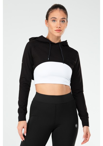 Siyah Regular Fit Düz Dalgıç Kumaş Kapüşonlu Crop Kadın Sweatshirt - SC1189