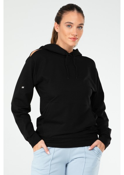 Siyah Regular Fit Düz Pamuklu Kapüşonlu Kanguru Cep Kadın Sweatshirt - SC1179