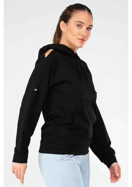 Siyah Regular Fit Düz Pamuklu Kapüşonlu Kanguru Cep Kadın Sweatshirt - SC1179