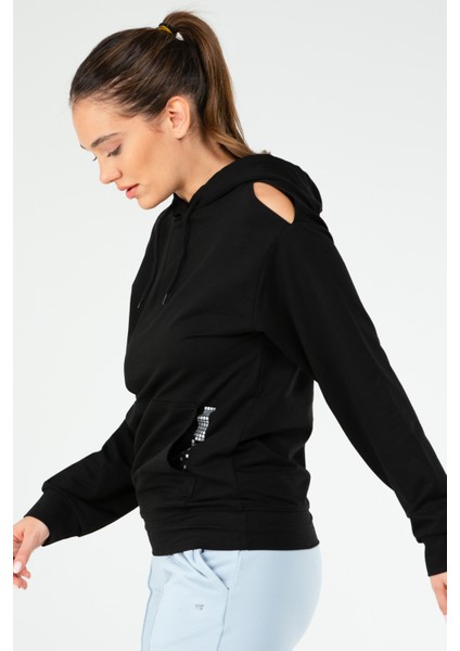 Siyah Regular Fit Düz Pamuklu Kapüşonlu Kanguru Cep Kadın Sweatshirt - SC1179