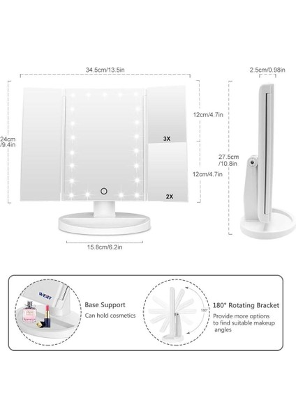 LED Işıklı Katlanabilir Makyaj Aynası - 2x 3x 10x Büyütme Modu - Dokunmatik Touch Ekran - 5 Farklı Ayna