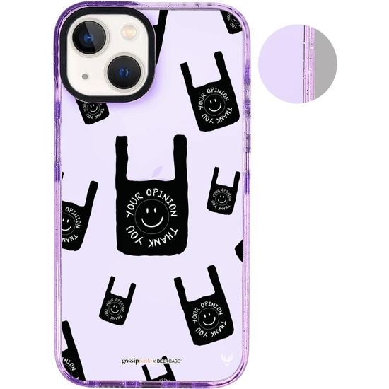 Deercase Apple iPhone 14 Plus Gossip Pasta Smile Tasarımlı Simli Mor Kaplama Şeffaf Telefon Kılıfı