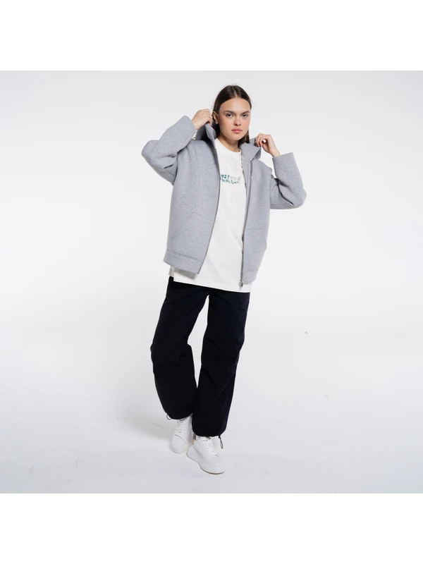 Friday Offset Panda Kadın Gri Melanj Kanguru Cepli Kapüşonlu Ekstra Oversize Sweatshirt Hoodie  - Scuba Kumaş