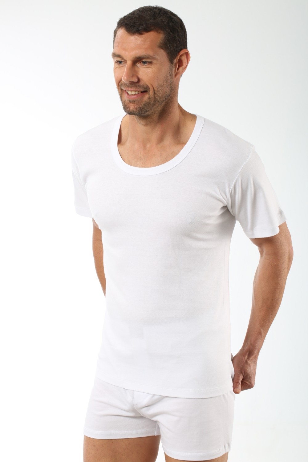 Özkan Underwear 0115 Erkek Ribana Pamuklu Esnek Rahat Geniş Yaka Kısa Kollu Fanila Tişört görsel 4