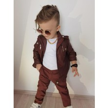 Burçak Butik Gabardin Pantolon / Kahverengi Deri Ceket / Suprem Tişört 3'lü Set