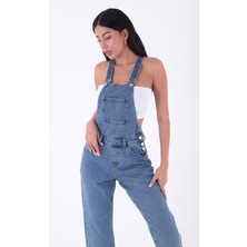 Richmost Yanları Düğme detaylı Dekoratif Cepli Astarsız Mom Fit Kadın Kot Tulum Orta Mavi Denim Dört Mevsim