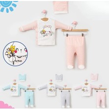 ZR Accessory Papatya Desenli 3'lü Pamuklu Kendinden Eldivenli Patikli Şapkalı Turkuaz Bebek Zıbın Takımı