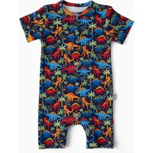 Boumini Kısa Kollu Şort Bebek Tulum Dinozor Desenli Lacivert