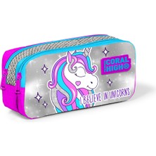 Coral High Iki Bölmeli Pembe Gümüş Simli Unicorn Desenli Kalem Çantası