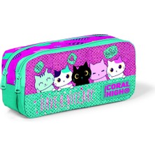Coral High Iki Bölmeli Pembe Su Yeşili Kedi Desenli Simli Kalem Çantası