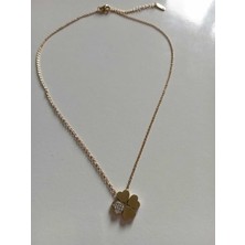 Stainless Steel Zirkon Taşlı Yonca Gold Renk Çelik Kolye