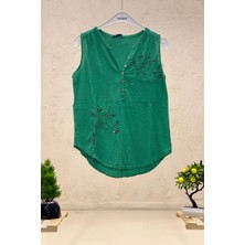 Sahnemoda Nakışlı Kolsuz Yıkamalı Keten Bluz