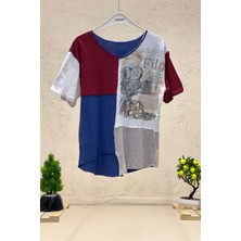 Sahnemoda Baskılı Zımba Taş Detaylı Parçalı Kısa Kol Penye Tshirt