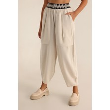 Tena Kadın Naturel Bel Şeritli Büyük Cepli Bol Paça Pantolon