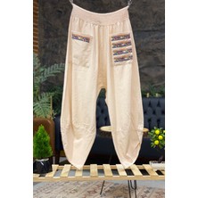 Sahnemoda Paça V Kesim Cepleri Nakışlı Keten Pantolon