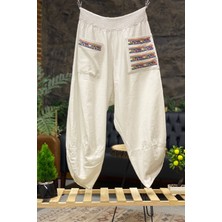 Sahnemoda Paça V Kesim Cepleri Nakışlı Keten Pantolon